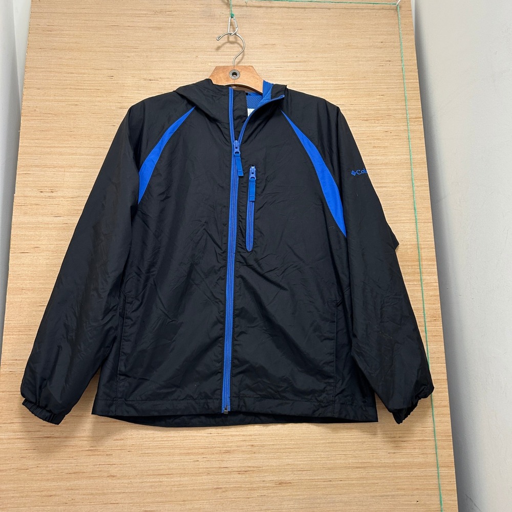Columbia Boys Full Zip Hooded Windbreaker Jacket Black Blue Size L 14/16